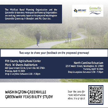Graphic showing dates and times for upcoming Washington-Greenville Feasibility Study meetings 